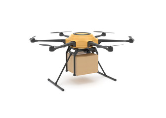 Delivery drone with the cardboard box on white background