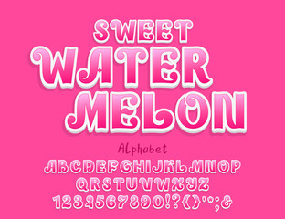 Sweet watermelon Alphabet. Vector uppercase English letters, numbers. 3D ornate typeface, pink gradient color