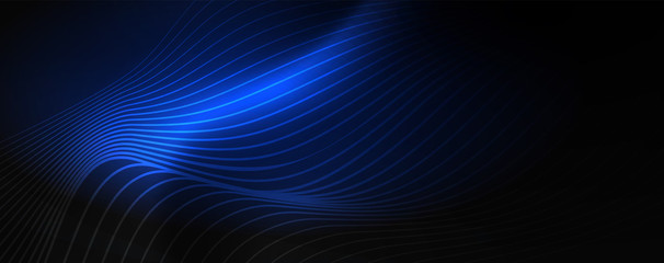 Smoky glowing waves in the dark. Dark abstract background with neon color light and wavy lines. Vector