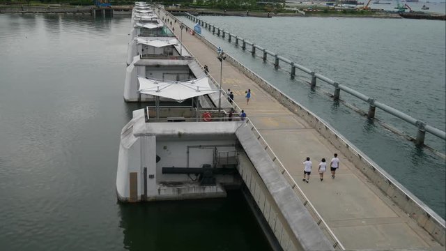 Marina Barrage, Singapore. The barrage has three main purposes of flood control, the source of water supply and the place of recreational lifestyles in Singapore. 