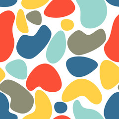 Seamless abstract pattern with spots and dots. Blue, orange, yellow, grey colors. Avan-garde cute cartoon background. Abstractionism style.