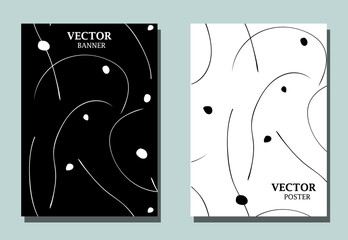 Two abstract flyers with flowing wavy lines and spots. Monochrome wallpaper with minimalistic desing. Geometric template for business brochure,  cover design.