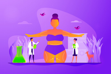 Beauty clinic, liposuction procedure, appearance change. Patient and doctors. Body contouring, body correction surgery, body plastic service concept. Vector isolated concept creative illustration