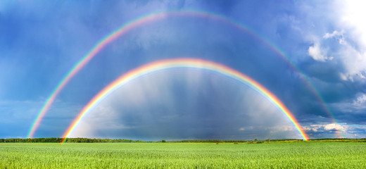  spring landscape panorama with a field and a rainbow above it