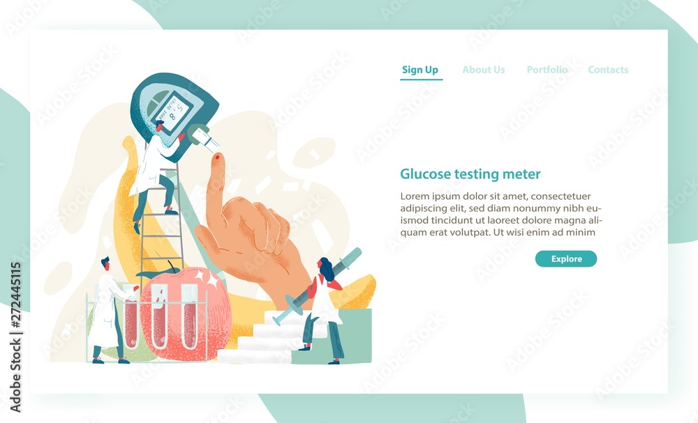 Poster web banner template with doctors or physicians holding blood tester. medical device for glucose test
