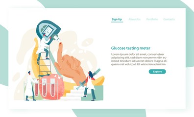 Obraz na płótnie Canvas Web banner template with doctors or physicians holding blood tester. Medical device for glucose testing. Modern flat vector illustration for advertisement of health monitoring or laboratory service.