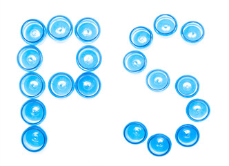Sign designation blue plastic jars on a white background the word PS, Polystyrene, isolate,...