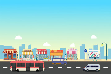 City street and store buildings with bus , minibus with people on street vector, a flat style design.People walk with Business storefront and public bus stop in urban