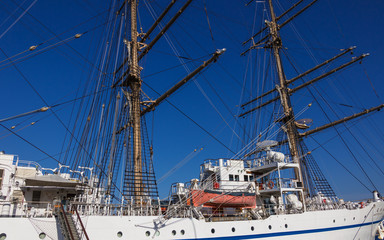Fototapeta premium Masts and Equipment of japanese Sailing Ship Nippon Maru in the Harbour of Beppu. Oita Prefecture, Japan.