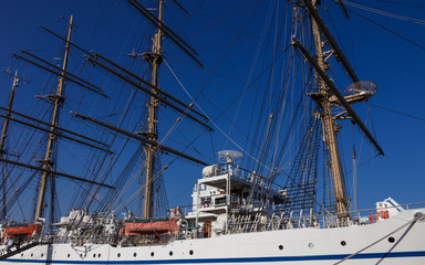 Obraz premium Masts, Rigging and Equipment of japanese Sailing Ship Nippon Maru in the Harbour of Beppu. Oita Prefecture, Japan.