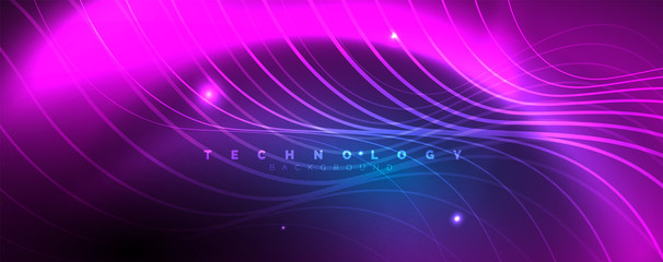 Trendy neon blue abstract design with waves and circles. Neon light glowing effect. Abstract digital background.