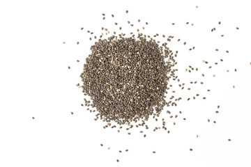 Chia seeds isolated with white background. Healthy super food. Vegan food. Top view. 