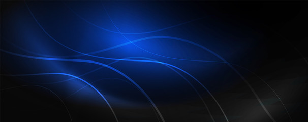 Dark abstract background with bright color neon lights and lines. Glowing background