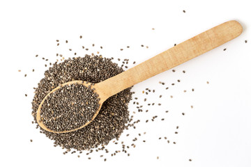 Chia seeds isolated with white background. Healthy superfood. Vegan food. Top view. 