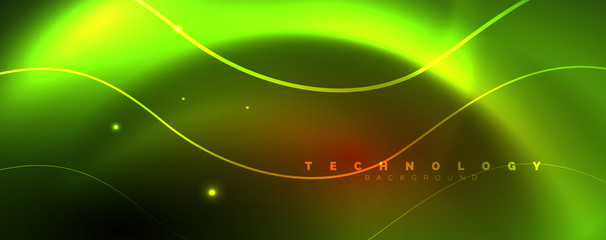 Bright neon circles and wave lines, glowing shiny background design template, digital techno concept.