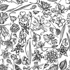 Fototapeta premium Seamless pattern with black and white ylang-ylang, impatiens, daffodil, tigridia, lotus, aquilegia