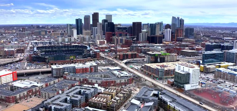 Coors Field And Denver Colorado Skyline By Aerial Drone, City Baseball Stadium