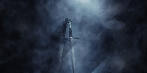 mysterious and magical photo of silver sword over gothic black background with smoke. Medieval...