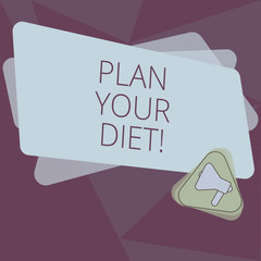 Writing note showing Plan Your Diet. Business photo showcasing Schedule fitness activities and meals to lose weight Megaphone Inside Triangle and Blank Color Rectangle for Announcement