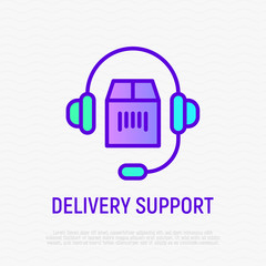 Delivery support thin line icon: headset with package. Modern vector illustration of customer center symbol.