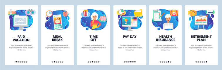 Mobile app onboarding screens. Pay day, salary, retirement plan, order food online, health insurance. Menu vector banner template for website and mobile development. Web site design flat illustration