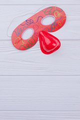 Red kids party mask, top view. Eye kids mask for New Year, Birthday party or carnival. Funny accessory for children.