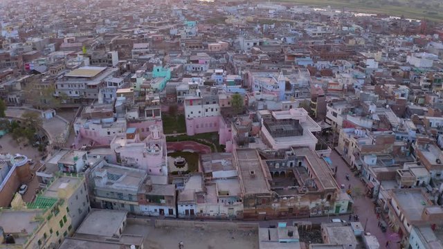 Vrindavan, city of 5000 temples. India, 4k aerial 