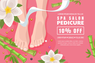 Spa salon banner, poster design template. Pink discount flyer layout for female pedicure, foot care. Vector illustration