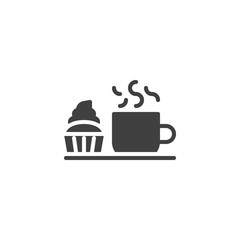 Cup of coffee and muffin cake vector icon. filled flat sign for mobile concept and web design. Hot tea cup and cupcake glyph icon. Breakfast symbol, logo illustration. Vector graphics