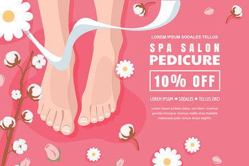 Spa salon and relaxation, banner, poster design template. Pink discount flyer layout for female pedicure and foot care. Womens feet legs and chamomile flowers, top view vector cartoon illustration.