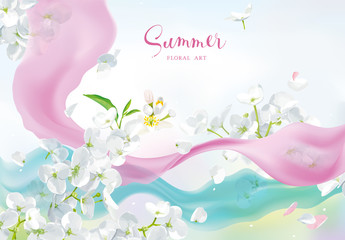 Vector white flowers with pink silk ribbon under the river