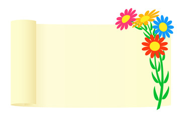 Bouquet of flowers and a scroll.