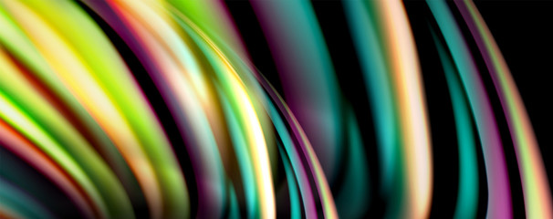 Fluid color rainbow style wave abstract background, techno modern design on black