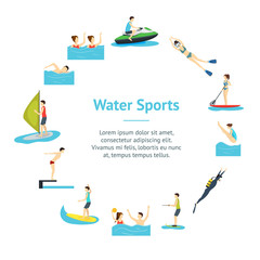 Cartoon Water Sport and Characters People Banner Card Circle. Vector