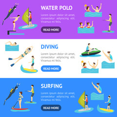 Cartoon Water Sport and Characters People Banner Horizontal Set. Vector