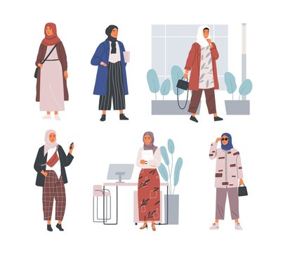 Bundle of modern young Muslim women wearing trendy clothes and hijab. Set of fashionable Arab girls. Collection of female characters isolated on white background. Flat cartoon vector illustration.