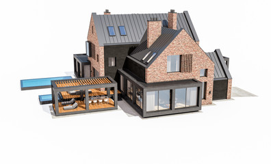 3d rendering of modern clinker house on the ponds with pool isolated on white