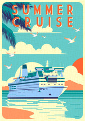 Fototapeta premium Art Deco cruise ship vector illustration. Passenger liner in ocean.