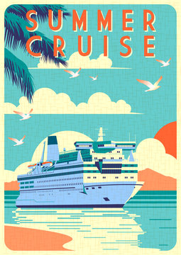 Art Deco cruise ship vector illustration. Passenger liner in ocean.