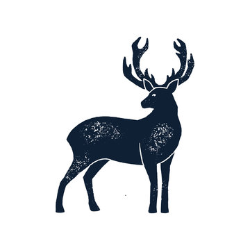 Hand draw Deer Silhouette Grunge. Vector illustration of a Wild Animal stag Isolated on a white background with a worn texture. Element for Logo, Emblem, Poster, Lettering, Pattern, Banner © Sini4ka