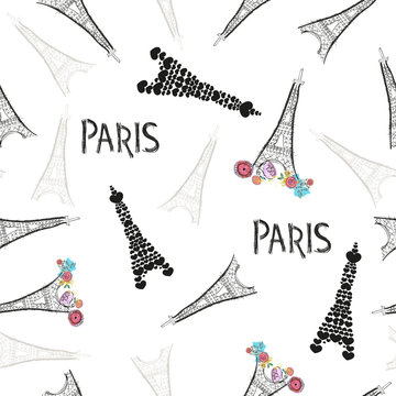 Eiffel tower hand drawn colorful flowers, Paris text pattern