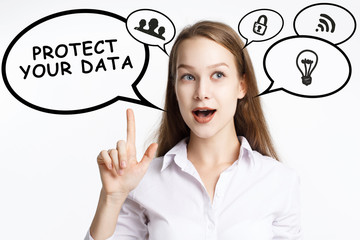 Business, technology, internet and networking concept. A young entrepreneur comes to mind the keyword: Protect your data
