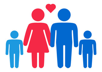 A schematic depiction of a hetero family couple man and woman with children, icon