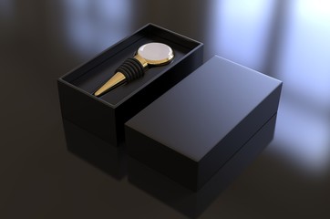 Blank Flat Top Wine Bottle Stopper with Hard Paper window Box Packaging For Branding And Mock Up. 3d Render Illustration.