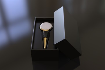 Blank Flat Top Wine Bottle Stopper with Hard Paper window Box Packaging For Branding And Mock Up. 3d Render Illustration.