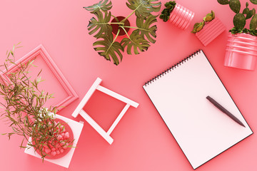 Design concept - top view of white A4 flipped paper with black clipboard, potted plant, cactus, frame and pen on pastel pink background. 3d rendering