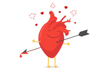 Cute cartoon human heart character pierced being shot by arrow emoji happy emotion. Happiness dizzy and hearts fly and burst. Vector circulatory organ love symbol. Funny illustration