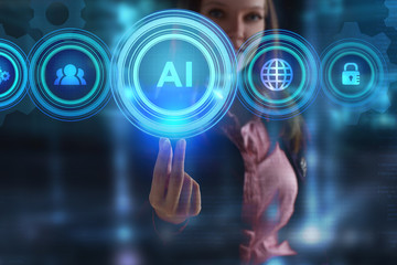 The concept of business, technology, the Internet and the network. A young entrepreneur working on a virtual screen of the future and sees the inscription: AI