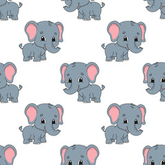 Happy elephant. Colored seamless pattern with cute cartoon character. Simple flat vector illustration isolated on white background. Design wallpaper, fabric, wrapping paper, covers, websites.