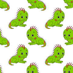 Happy iguana. Colored seamless pattern with cute cartoon character. Simple flat vector illustration isolated on white background. Design wallpaper, fabric, wrapping paper, covers, websites.